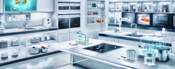 Smart kitchen with integrated AI technology, featuring touch-screen countertops, smart appliances, and a holographic recipe assistant, demonstrating modern convenience, with copy space for text