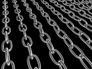 Obraz premium Strained chains from metal. Security power concept. Isolated on black background