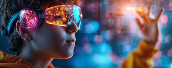 Person interacting with a quantum computing interface through a wearable device, demonstrating the seamless integration of technology into personal life, with copy space for text