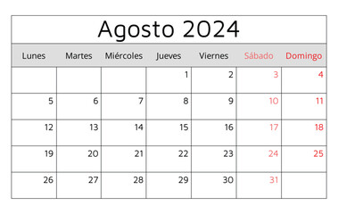 August  2024 SPANISH calendar - Agosto. Vector illustration. Monthly planning for your business in Spain