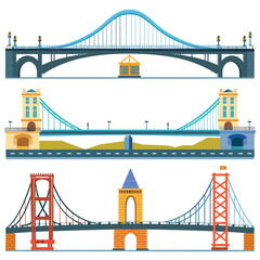 Three famous bridges illustrated suspension, cantilever, classic arch. Vibrant colors depict architectural details clear sky. Iconic landmarks represented minimalist cartoon style