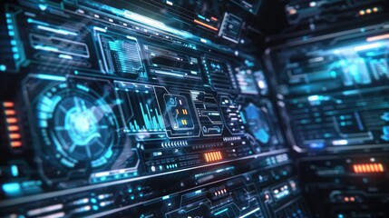 Fototapeta premium Floating holographic interfaces in a dark room