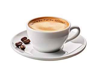a cup of coffee with foam and coffee beans on a saucer