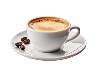 a cup of coffee with foam and coffee beans on a saucer
