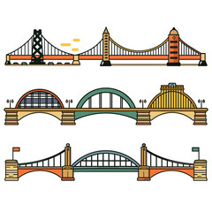 Three stylized bridges architecture illustrations, colorful flat design, isolated white background. Cartoon bridges representing engineering, transport connections, cityscape elements. Simplified