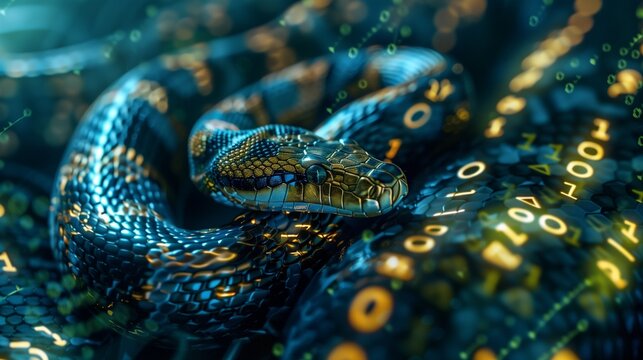 A snake intertwined with binary code, symbolizing Python programming and coding.