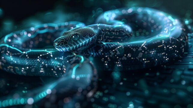 A digital snake symbolizing Python automation, surrounded by code and data streams.