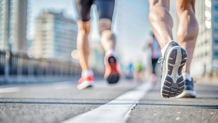 Fototapeta premium Close-Up of Athletic Feet Running on Urban Road 