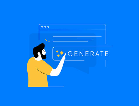 Effective prompts for ai image generation. Generate ai assistant for content creation - SEO articles, programming code and marketing content. Modern vector illustration isolated on blue background