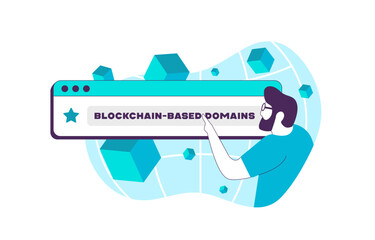 Blockchain-based domains - decentralized web addresses stored on blockchain, offering enhanced security, censorship resistance and ownership. Web3 blockchain domain names isolated vector illustration