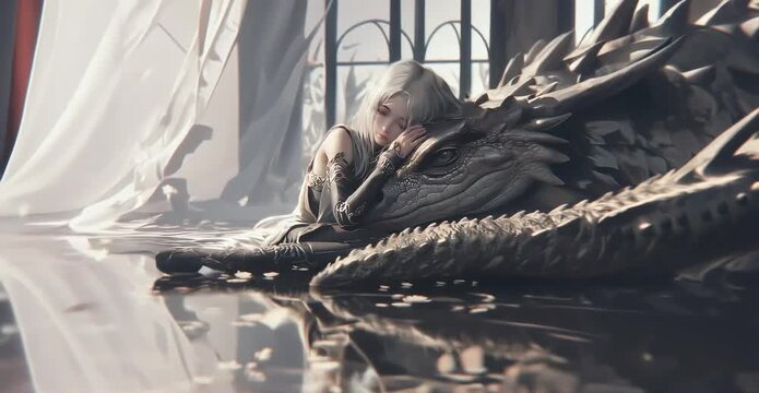 A serene digital painting of a white-haired girl resting on a tame dragon’s head in a castle filled with scattered flower petals