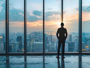 Fototapeta premium Businessman Overlooking Stunning City Skyline at Sunset Conveying Accomplishment and