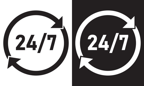 24/7 Service open 24 h hours a day and 7 days a week icon. Shop support logo symbol sign button. . Isolated on white and black background. Vector illustrator . EPS 10