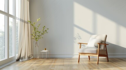 Modern pastel yellow living room with windows and sheer silk curtains.