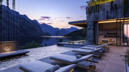 Obraz premium A contemporary terrace lounge with a stylish water feature, comfortable loungers, and a breathtaking view of a tranquil lake surrounded by mountains at dusk.