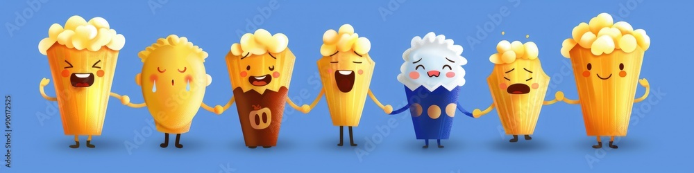 Poster Illustration of five popcorn friends holding hands with various emotions