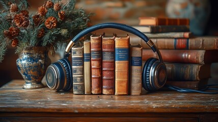 Vintage books and headphones on wooden table