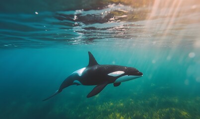 Obraz premium orca whale swimming near the surface,, Generative AI