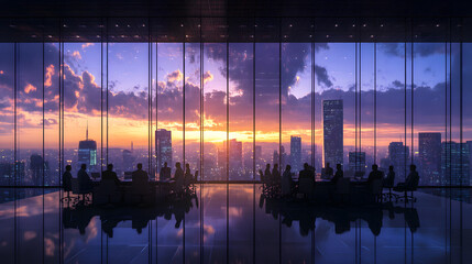 Silhouetted Executives by a Grand Window with Cityscape, Engaging in Divestiture Talk