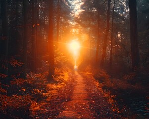 Transcendent Forest Path Illuminated by Radiant Sunrise