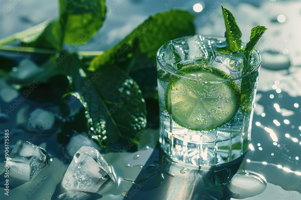 Poster Glass of Water with Ice and Cucumber Slice