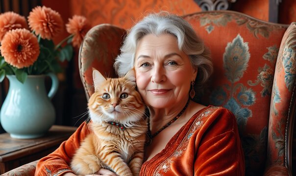 An elderly woman with whom she sits in an armchair
