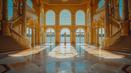 Classic style spacious hall with marble floor, sunlit large windows, and grand staircase