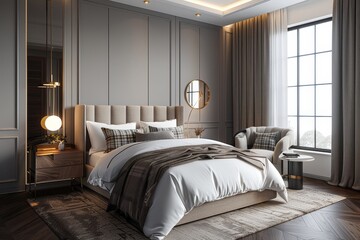 Photorealistic Modern Bedroom Interior with Gray Walls and White Ceiling, Featuring Wooden Floors, Stylish Furnishings, and Golden Framed Mirror, Rendered with Unreal Engine 5.