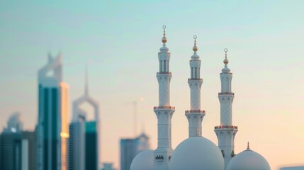 Serene mosque silhouette with detailed carvings, framed by the neon glow of a dynamic modern city at dusk