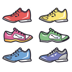 Six vector sneakers various colors designs isolated white background. Handdrawn style athletic footwear, colorful casual sports shoes illustration. Trendy sneakers collection, fashion graphic design