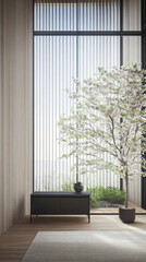 Contemporary property interiors with wall panels and minimalist furniture. Apartment interior design with warm colors and natural lighting.