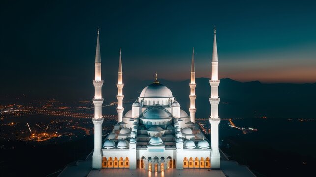 Stunning mosque with intricate ornamentation, glowing under the dynamic neon lights of a vibrant city, merging past and present aesthetics
