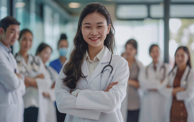 A young female doctor confidently standing with arms crossed, surrounded by a diverse medical team, showcasing professionalism and teamwork in healthcare