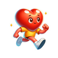 Fototapeta premium Red heart with yellow t-shirt running. Fit muscle jogging. Cartoon illustration isolated against transparent background. Concept of fitness, health, marathon, strength, muscle, race