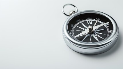 Detailed image of a polished silver compass with a needle, isolated background, ideal for marketing materials with space for text