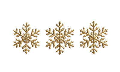 3D rendering of three golden snowflakes
