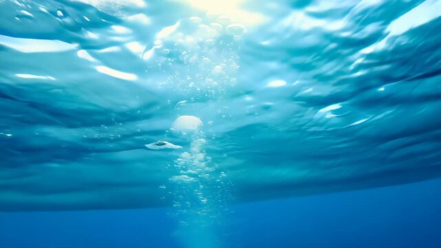 Sunlight pierces azure depths, illuminating a stream of ascending bubbles. Ethereal blue hues create a serene, weightless atmosphere, capturing ocean's tranquil beauty.	