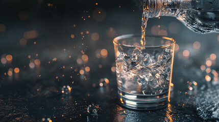 A glass of water being poured from an elegant bottle, rendered in the style of cinema4d, with a monochromatic color scheme and dark background