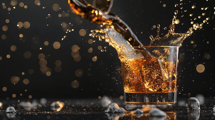 A glass of whiskey is being poured, with splashes and droplets flying out to form an abstract shape on a black background. 