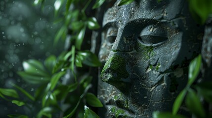 Obraz premium Forgotten stone ruins, adorned with intricate carvings, enveloped by vines and moss, a chilling, mysterious atmosphere of ancient secrets