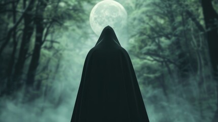 Dark figure in a cloak wandering through an ancient forest at midnight, moonlight piercing through the dense canopy, adding to the mystery