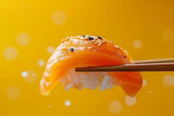 Delicious Salmon Nigiri Sushi with Wasabi and Sesame Seeds on Vibrant Yellow Background Generative AI