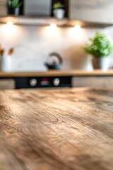 Clean Wooden Kitchen Table with Blurred Modern Kitchen Background Generative AI