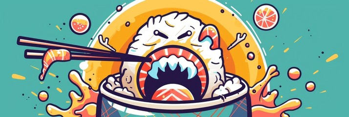 Agitated Sushi Cartoon Character Gripping Sashimi with Chopsticks and Shouting Cartoon Line Art