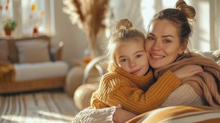 Obraz premium Embracing Love: Cozy Family Moment with Couple and Infant in Softly Lit Bedroom