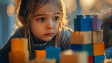 Happy little girl creatively stacking colorful building blocks in a cheerful playroom setting
