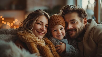 Loving European Family of Three Cuddling on Minimalist Sofa in Cozy Setting with Soft Lighting