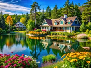 Fototapeta premium Charming Michigan-style homes nestled among lush green forests, serene lakes, and vibrant wildflowers, exuding warmth and coziness amidst nature's picturesque landscapes.