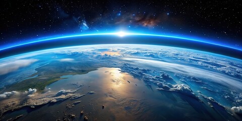 Fototapeta premium Breathtaking panoramic view of curved Earth's horizon, blue atmosphere, and black space, seen through the dome module of the orbiting space station.
