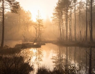 Fototapeta premium Empty, misty swamp in the moody forest with copy space